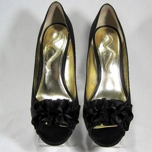 Nina Black Satin Wedge Heels Size: 7.5M